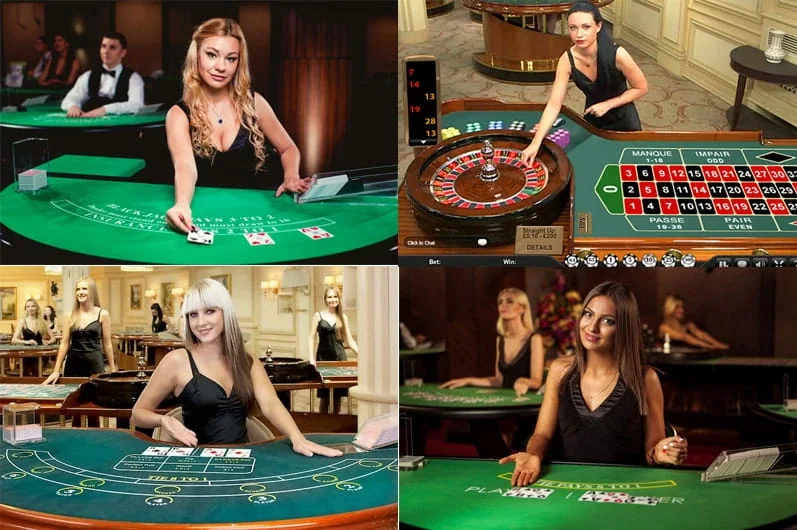 Tampilan meja kasino live dengan kartu dan dealer